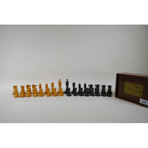 236 - A C19th Staunton boxwood and ebony chess set in original box, king 9cm high