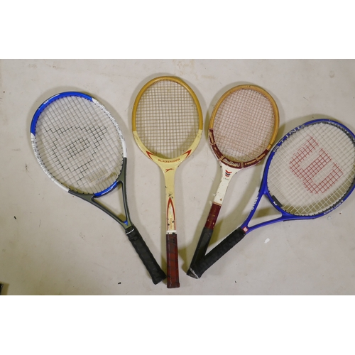 237 - A Wilson 'Sting Soft Shock' tennis racket, a Dunlop 'I-Zone 5' tennis racket, a vintage Slazenger 'D... 