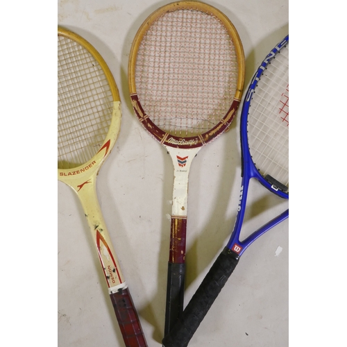 237 - A Wilson 'Sting Soft Shock' tennis racket, a Dunlop 'I-Zone 5' tennis racket, a vintage Slazenger 'D... 