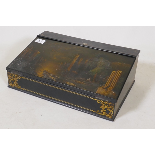 247 - A Victorian papier mache writing slope with gilt decoration in the manner of Jennings & Betterid... 