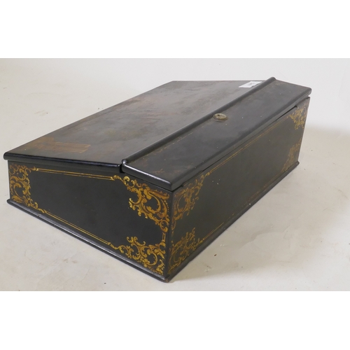 247 - A Victorian papier mache writing slope with gilt decoration in the manner of Jennings & Betterid... 