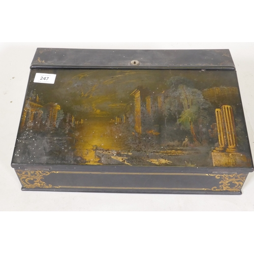 247 - A Victorian papier mache writing slope with gilt decoration in the manner of Jennings & Betterid... 