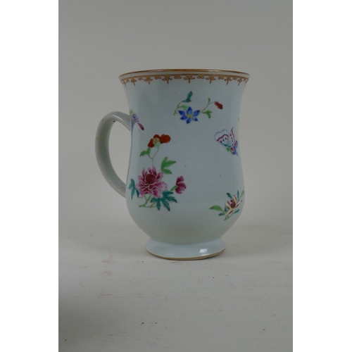 248 - A late C18th/early C19th Chinese export ceramic tankard with enamel decoration of butterflies and fl... 