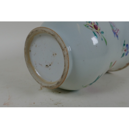 248 - A late C18th/early C19th Chinese export ceramic tankard with enamel decoration of butterflies and fl... 