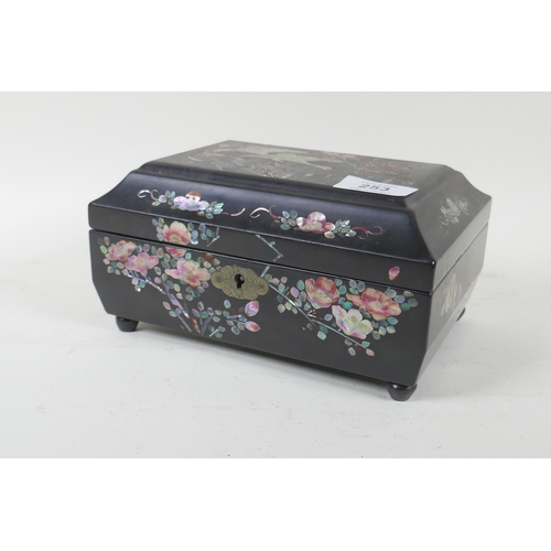 253 - A Victorian papier mache sewing/jewellery box, inlaid with mother of pearl, 20 x 14 x 11cm