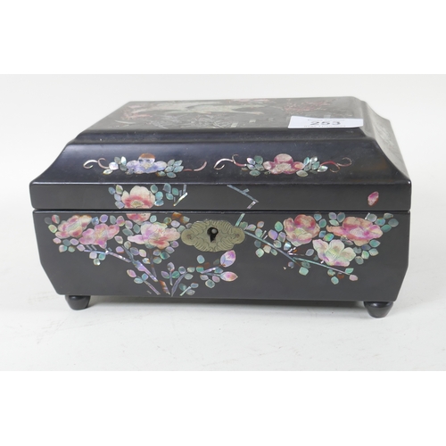 253 - A Victorian papier mache sewing/jewellery box, inlaid with mother of pearl, 20 x 14 x 11cm