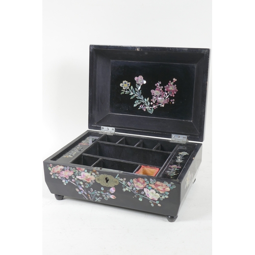 253 - A Victorian papier mache sewing/jewellery box, inlaid with mother of pearl, 20 x 14 x 11cm