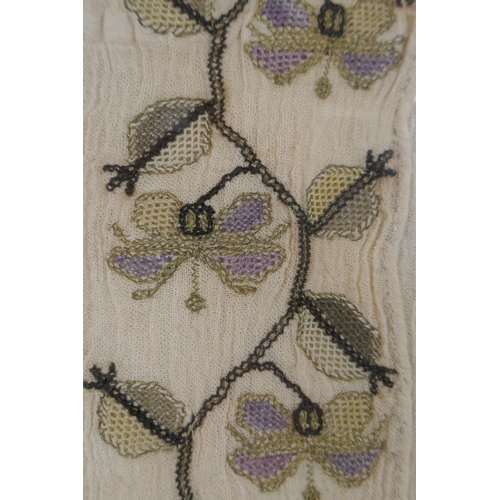 273 - A C19th embroidery of a floral vine, with gilt thread details, framed, 26 x 42cm