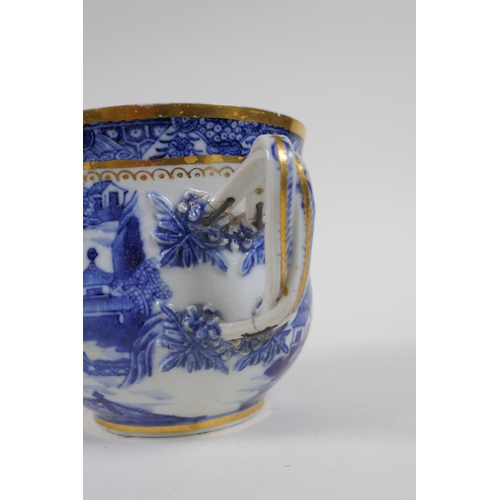 275 - An C18th Pearlware two handled jar and cover, decorated with the Willow pattern, with historic repai... 