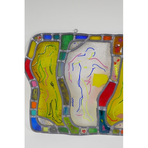 282 - A stained glass panel depicting four male figures, initialled JSW, AF, 64 x 35cm