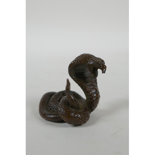 42 - A Japanese style bronze okimono cobra, 4cm high