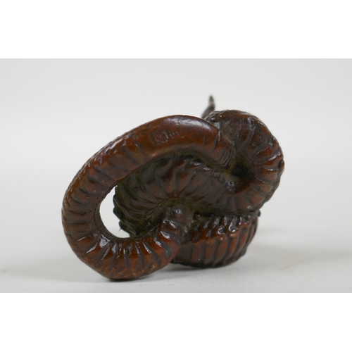 42 - A Japanese style bronze okimono cobra, 4cm high