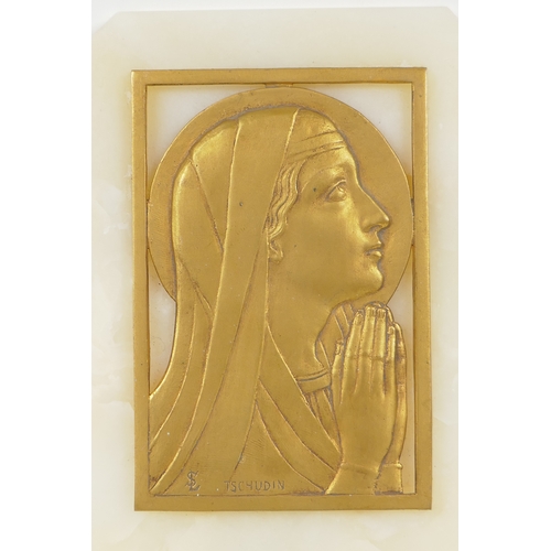 47 - A vintage onyx stoup mounted with a gilt brass portrait of the Madonna in prayer, inscribed Tschudin... 