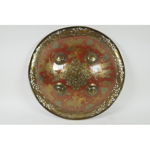 5 - A Murghal bronze shield with enamelled lion hunt decoration, the pierced rim decoration with fish, 3... 