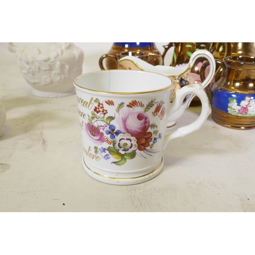 67 - A C19th creamware mug, with hand painted floral decoration and inscription in gilt, 9cm high, and a ... 