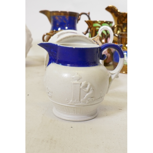 67 - A C19th creamware mug, with hand painted floral decoration and inscription in gilt, 9cm high, and a ... 