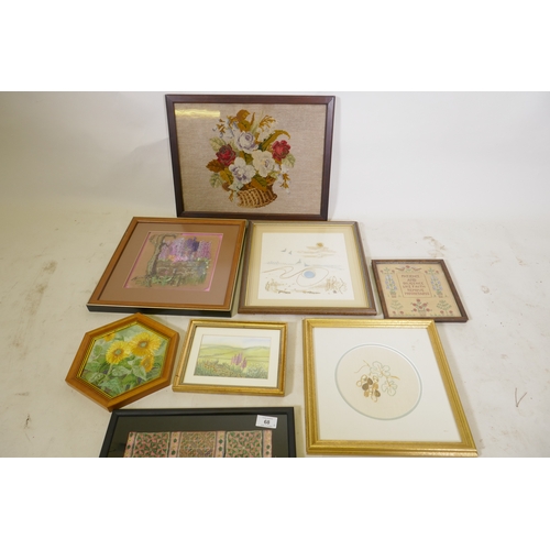 68 - An antique sampler, 20 x 18cm, and contemporary embroideries, Barbara Walters 'Sunflowers', Rita E. ... 