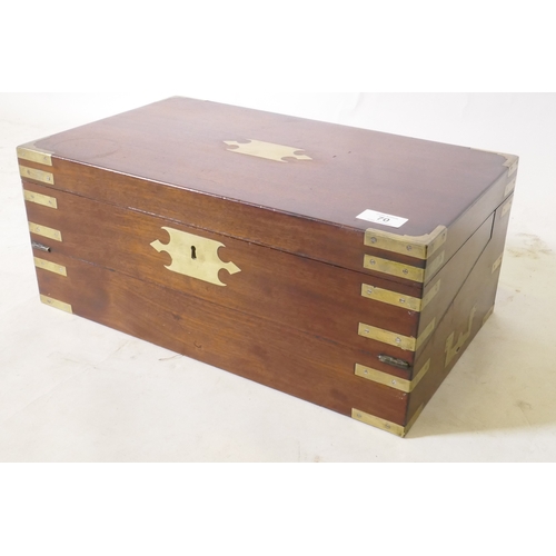 70 - A C19th mahogany campaign writing slope with brass mounts and military style carrying handles, the i... 