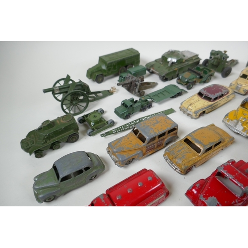 8 - A collection of vintage die cast metal cars, trucks, military vehicles and farming vehicles, mostly ... 