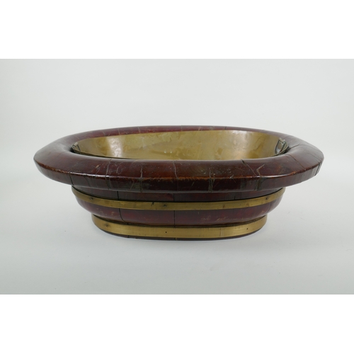 83 - An oriental brass bound wood basin with metal liner, 51 x 40cm