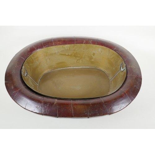 83 - An oriental brass bound wood basin with metal liner, 51 x 40cm