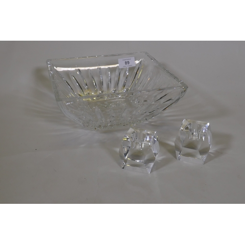 89 - A Waterford crystal cut glass bowl, 23 x 23cm and a pair of Rosenthal glass candle holders