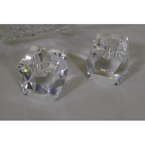 89 - A Waterford crystal cut glass bowl, 23 x 23cm and a pair of Rosenthal glass candle holders