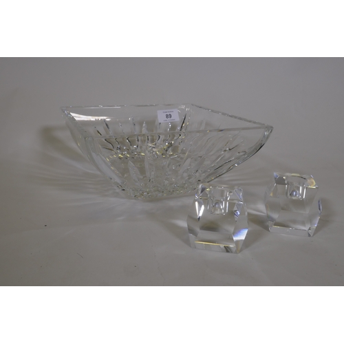 89 - A Waterford crystal cut glass bowl, 23 x 23cm and a pair of Rosenthal glass candle holders