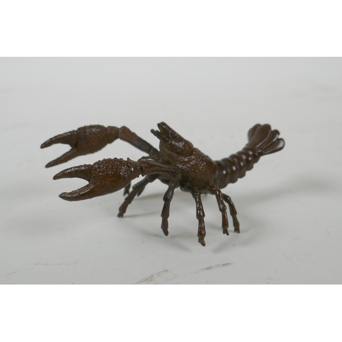 92 - A Japanese style bronze okimono crayfish, 10cm long