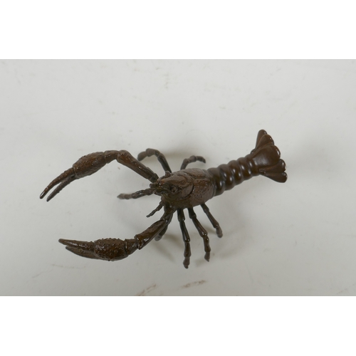 92 - A Japanese style bronze okimono crayfish, 10cm long