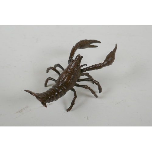 92 - A Japanese style bronze okimono crayfish, 10cm long