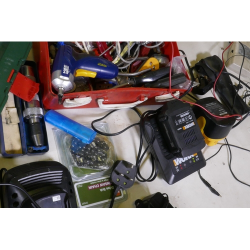 94 - A quantity of tools, socket sets, power tools, hammer drills, circular saw, micrometers, optic inspe... 