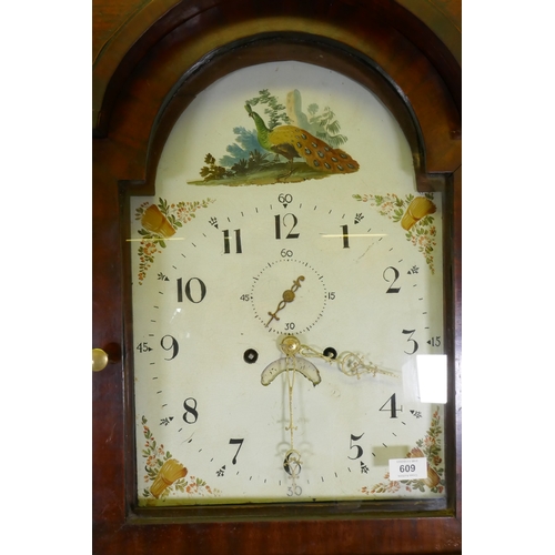 668 - C19th Welsh oak long case clock, the inlaid case with brass mounts, arched dial, decorated with a pe... 