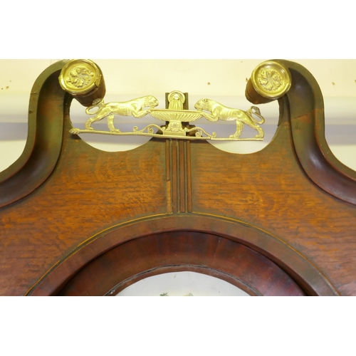 668 - C19th Welsh oak long case clock, the inlaid case with brass mounts, arched dial, decorated with a pe... 