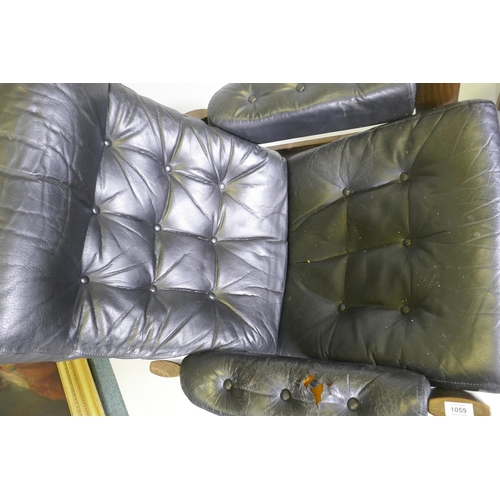 1059 - A mid century Ekornes leather reclining chair with ash frame and matching footstool