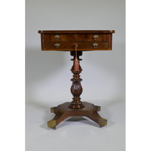 1060 - A good C19th mahogany work table with lift up top and two drawers, the upper with fitted compartment... 