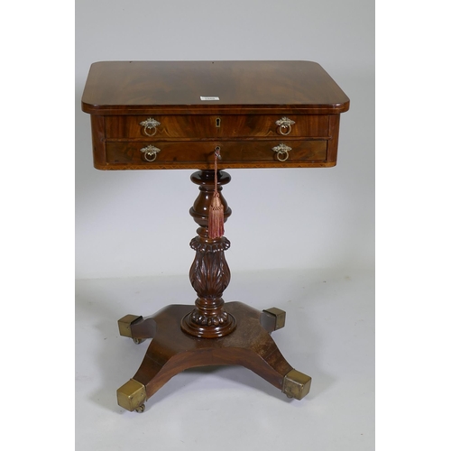 1060 - A good C19th mahogany work table with lift up top and two drawers, the upper with fitted compartment... 