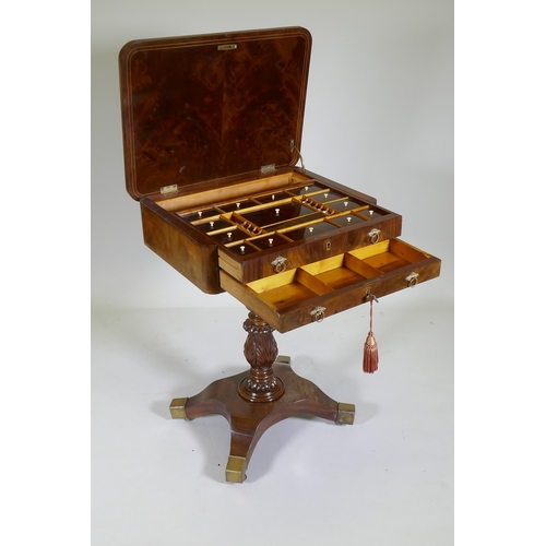 1060 - A good C19th mahogany work table with lift up top and two drawers, the upper with fitted compartment... 