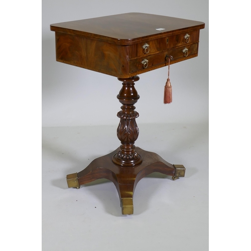 1060 - A good C19th mahogany work table with lift up top and two drawers, the upper with fitted compartment... 