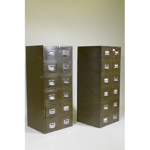 1066 - A pair of vintage metal filing cabinets of twelve drawers with chrome handles, 43 x 41 x 103cm