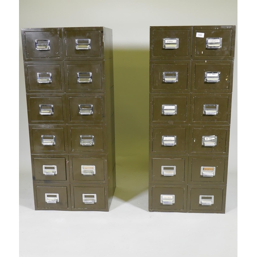 1066 - A pair of vintage metal filing cabinets of twelve drawers with chrome handles, 43 x 41 x 103cm