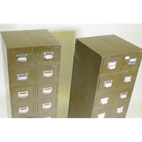 1066 - A pair of vintage metal filing cabinets of twelve drawers with chrome handles, 43 x 41 x 103cm