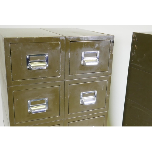 1066 - A pair of vintage metal filing cabinets of twelve drawers with chrome handles, 43 x 41 x 103cm