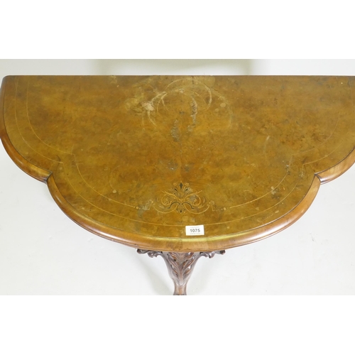 1075 - Victorian inlaid burr walnut shaped top card table, fitted with drawer to back, raised on carved cab... 