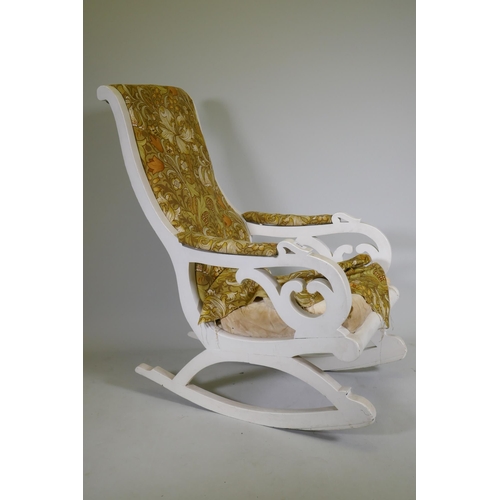 1076 - An antique painted rocking chair with Liberty style fabric cover