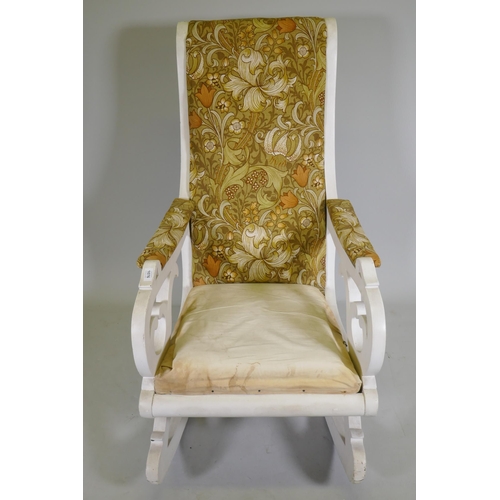 1076 - An antique painted rocking chair with Liberty style fabric cover