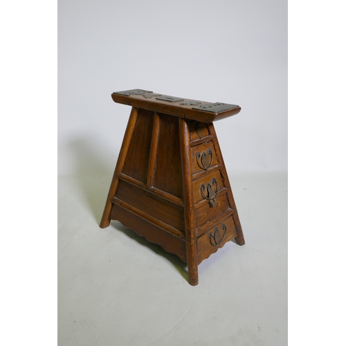 1084 - A C19th Chinese elm barber's stool with decorative bronze mounts and four end drawers, 43 x 26cm, 45... 