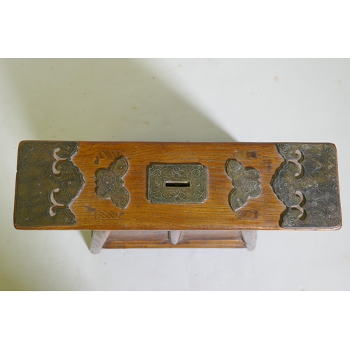 1084 - A C19th Chinese elm barber's stool with decorative bronze mounts and four end drawers, 43 x 26cm, 45... 