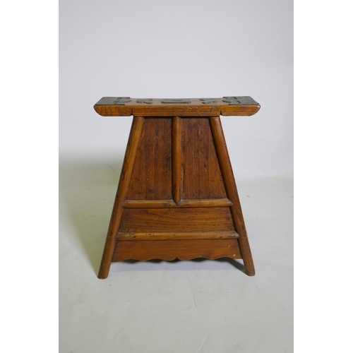 1084 - A C19th Chinese elm barber's stool with decorative bronze mounts and four end drawers, 43 x 26cm, 45... 