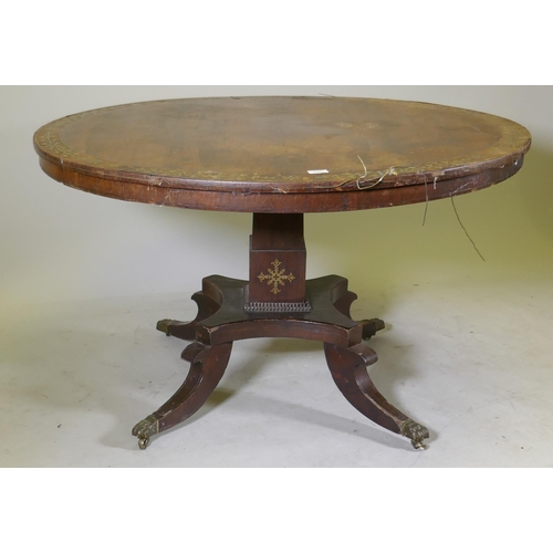 1092 - A Regency brass inlaid rosewood tilt top breakfast table, AF, 122cm diameter